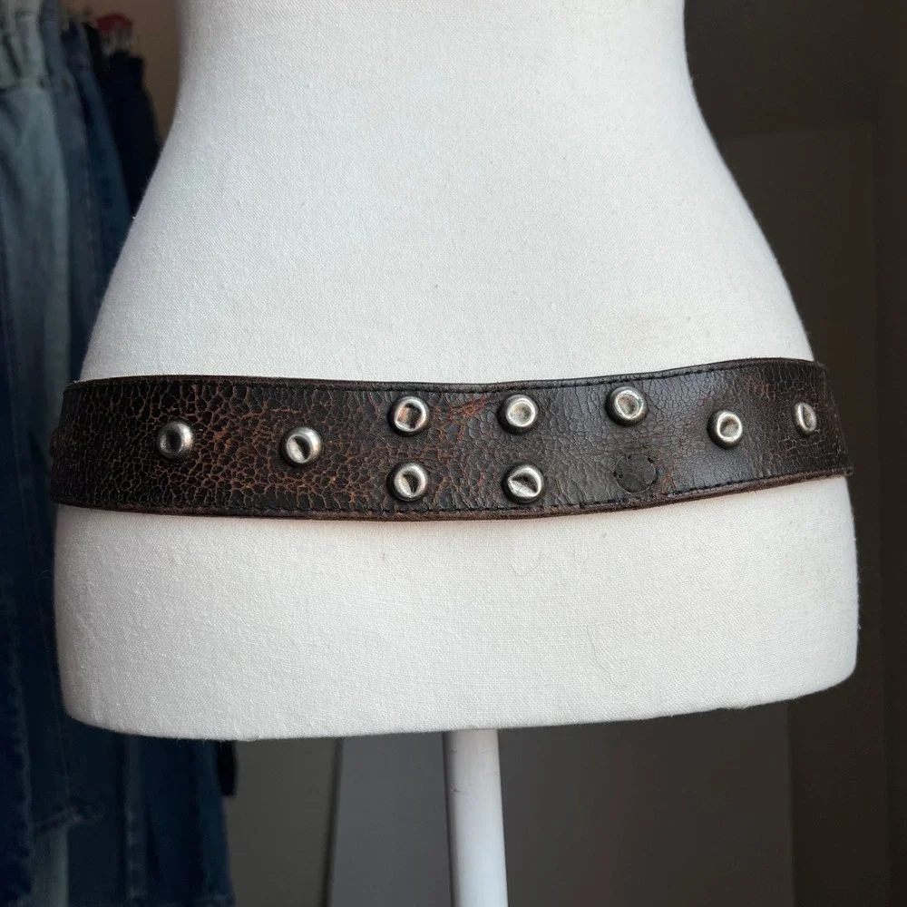 Vintage 90s Distressed Leather Studded Belt Brown Crackle Texture Western Boho